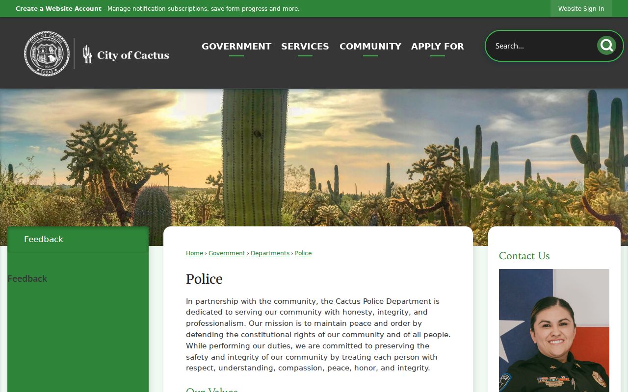 Cactus criminal records information on the official Police Department page