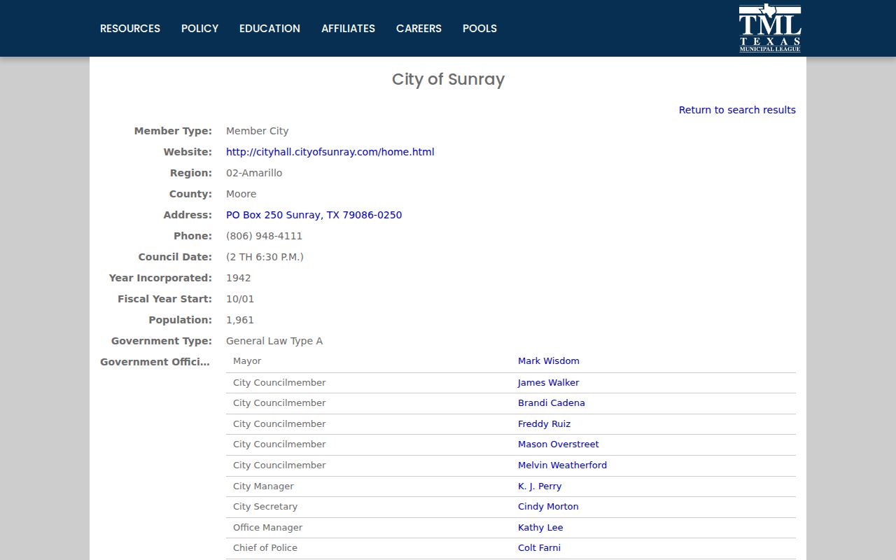 Sunray criminal records contacts in the official Texas Municipal League directory